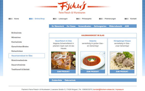 Fischers feine Fleisch- und Wurstwaren Online Shop Web
