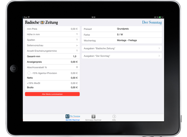 Badische Zeitung Anzeigenpreise iPad Calculator 