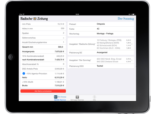 Badische Zeitung Anzeigenpreise iPad Calculator 