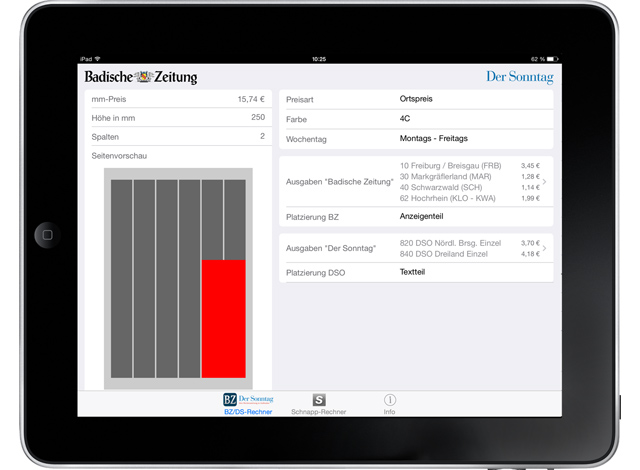 Badische Zeitung Anzeigenpreise iPad Calculator 